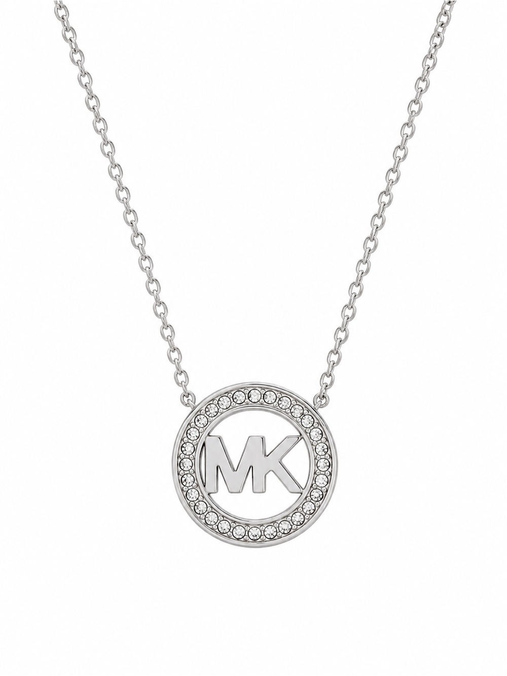 Michael Kors Silver-Tone Crystal Circle MK Pendant Necklace
